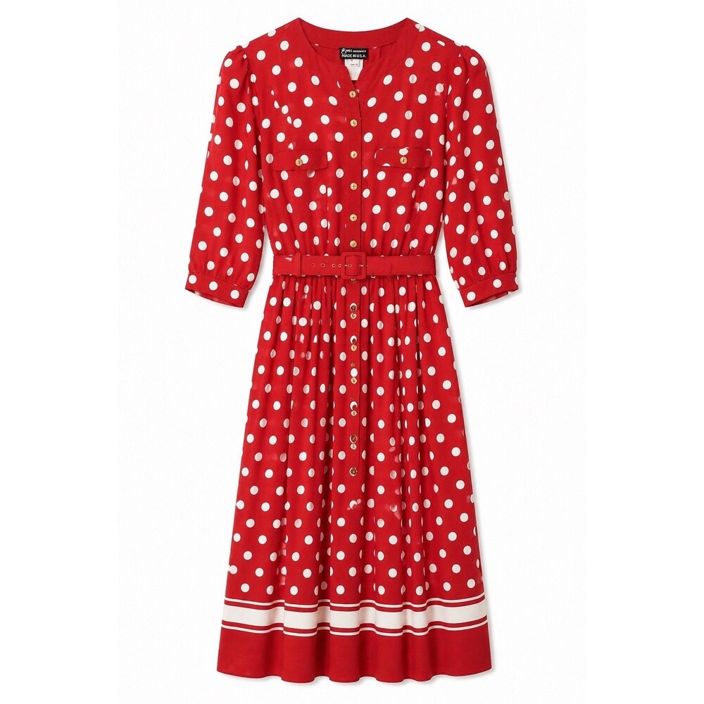 Breli Originals Vintage 1980’s Red Polka Dot Belted Pleated Dress Size 10 NWOT